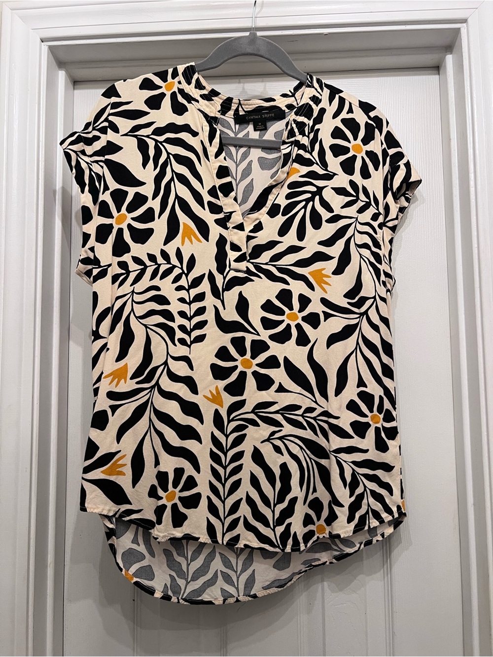 Cynthia Steffe Cream Floral Split-Neck Blouse with Black and Mustard Print